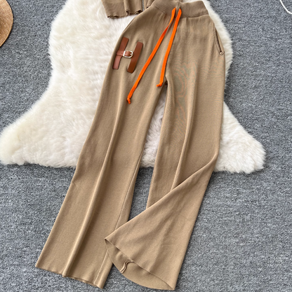 Zipped Cardigan & Wide-leg Trousers Knitted 2Pcs