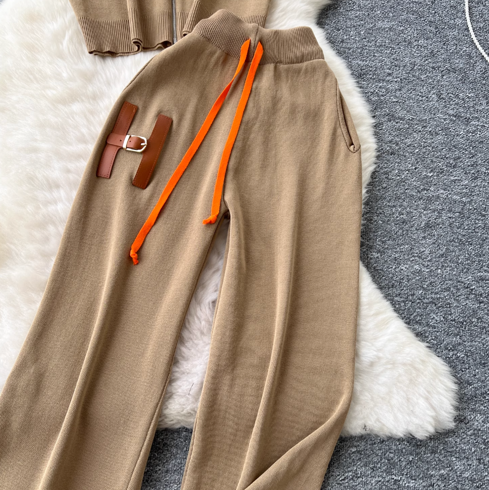 Zipped Cardigan & Wide-leg Trousers Knitted 2Pcs