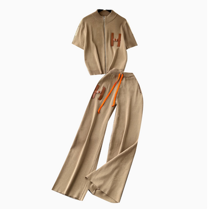 Zipped Cardigan & Wide-leg Trousers Knitted 2Pcs