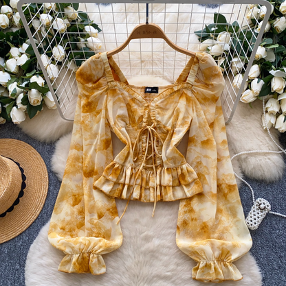 Lace-up Floral Ruffled Chiffon Top