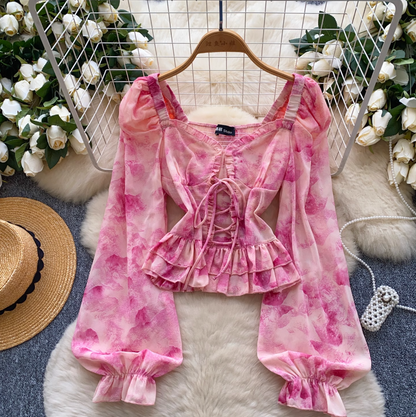 Lace-up Floral Ruffled Chiffon Top