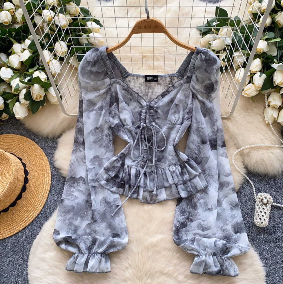Lace-up Floral Ruffled Chiffon Top