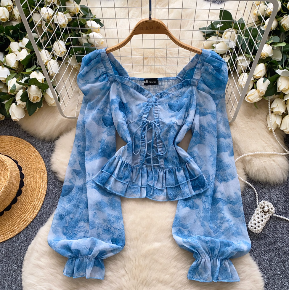 Lace-up Floral Ruffled Chiffon Top