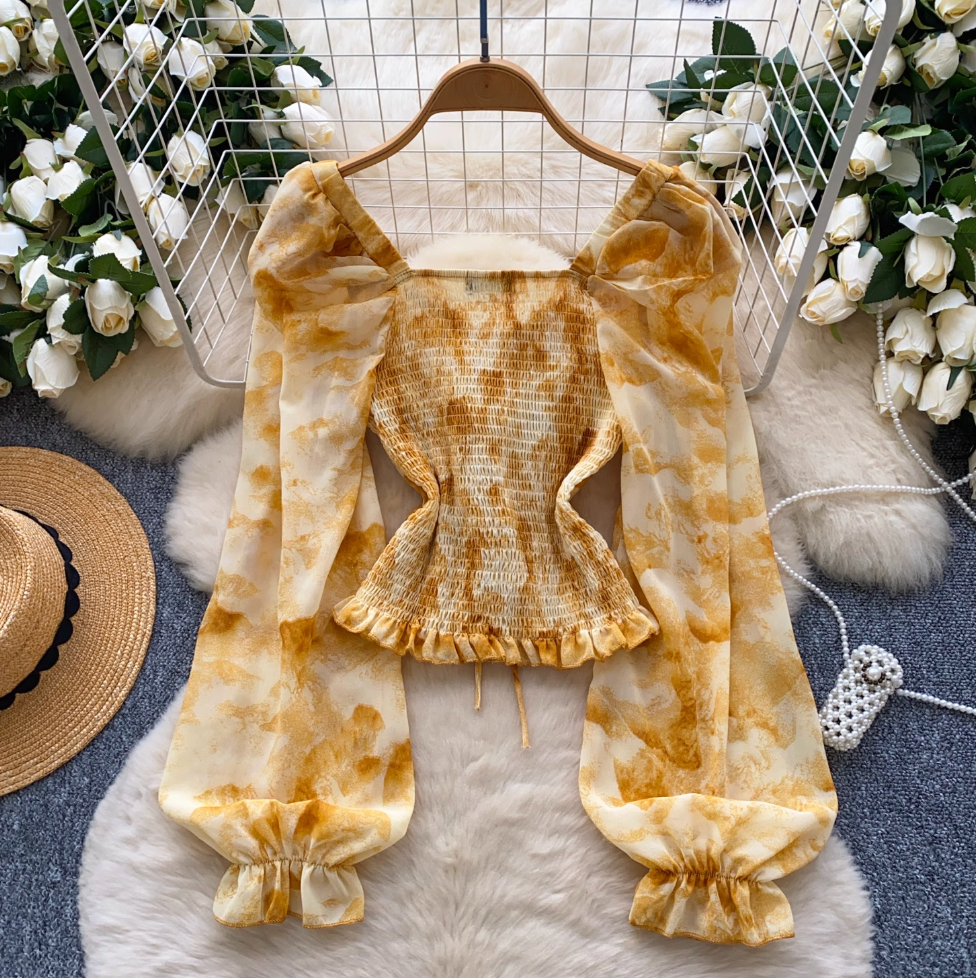 Lace-up Floral Ruffled Chiffon Top