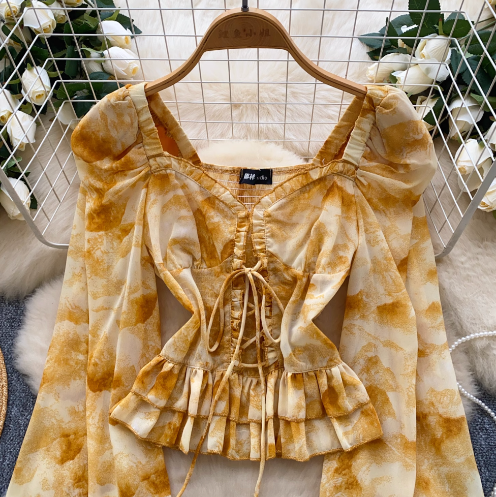 Lace-up Floral Ruffled Chiffon Top