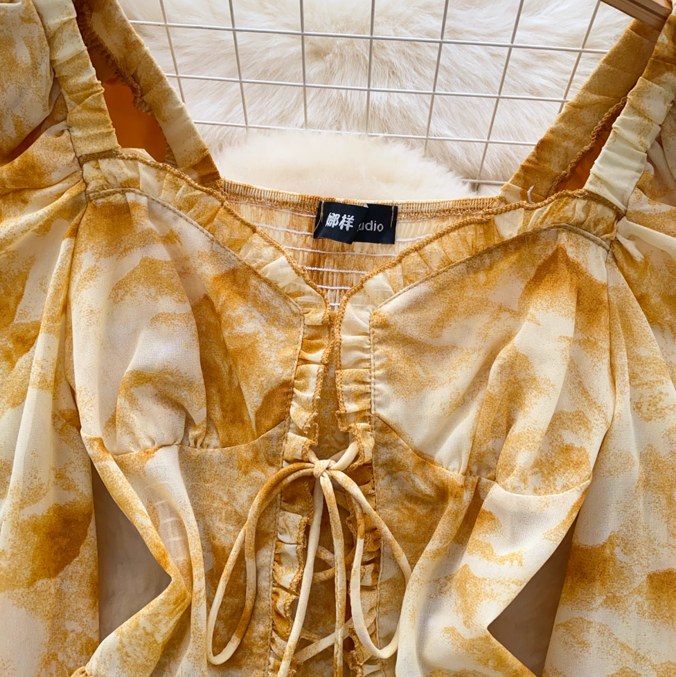 Lace-up Floral Ruffled Chiffon Top
