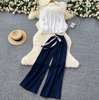 Off-shoulder Chiffon Shirt & Trousers 2Pcs
