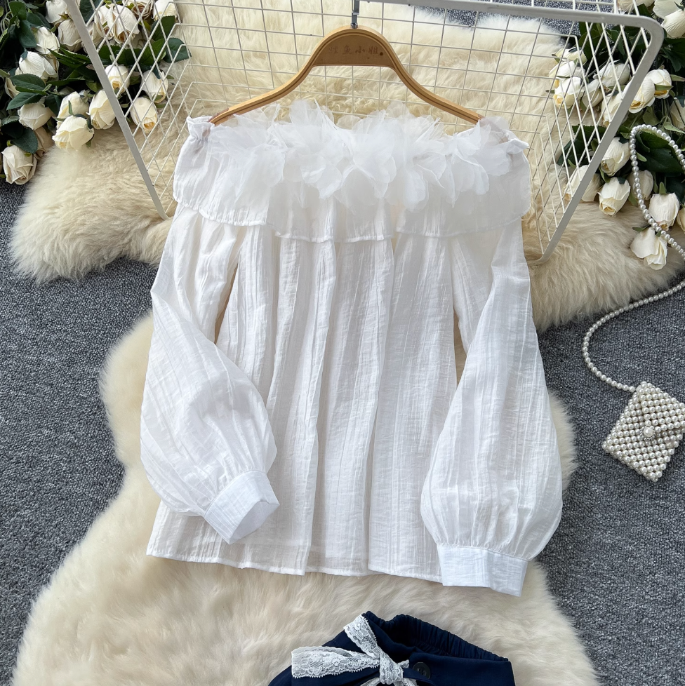 Off-shoulder Chiffon Shirt & Trousers 2Pcs