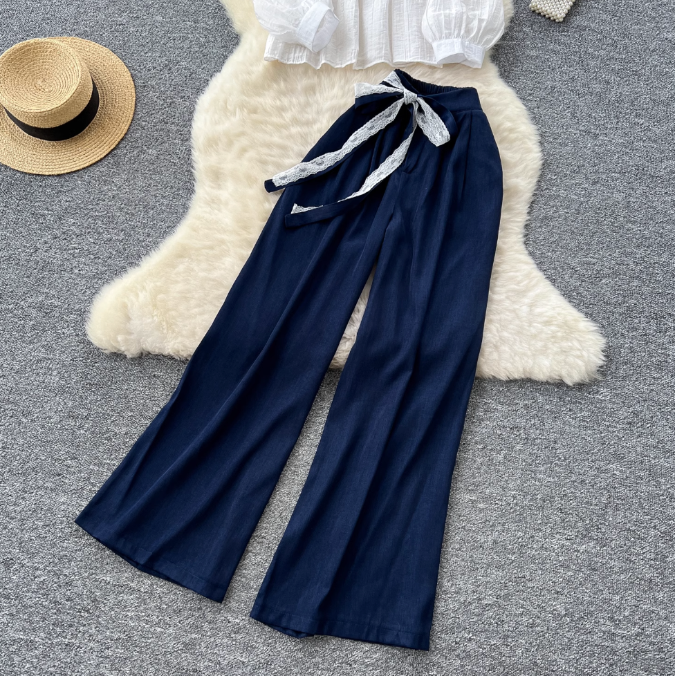 Off-shoulder Chiffon Shirt & Trousers 2Pcs