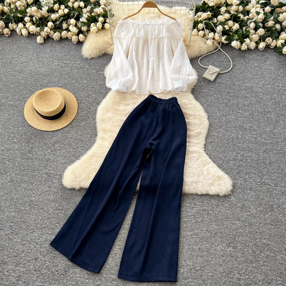 Off-shoulder Chiffon Shirt & Trousers 2Pcs