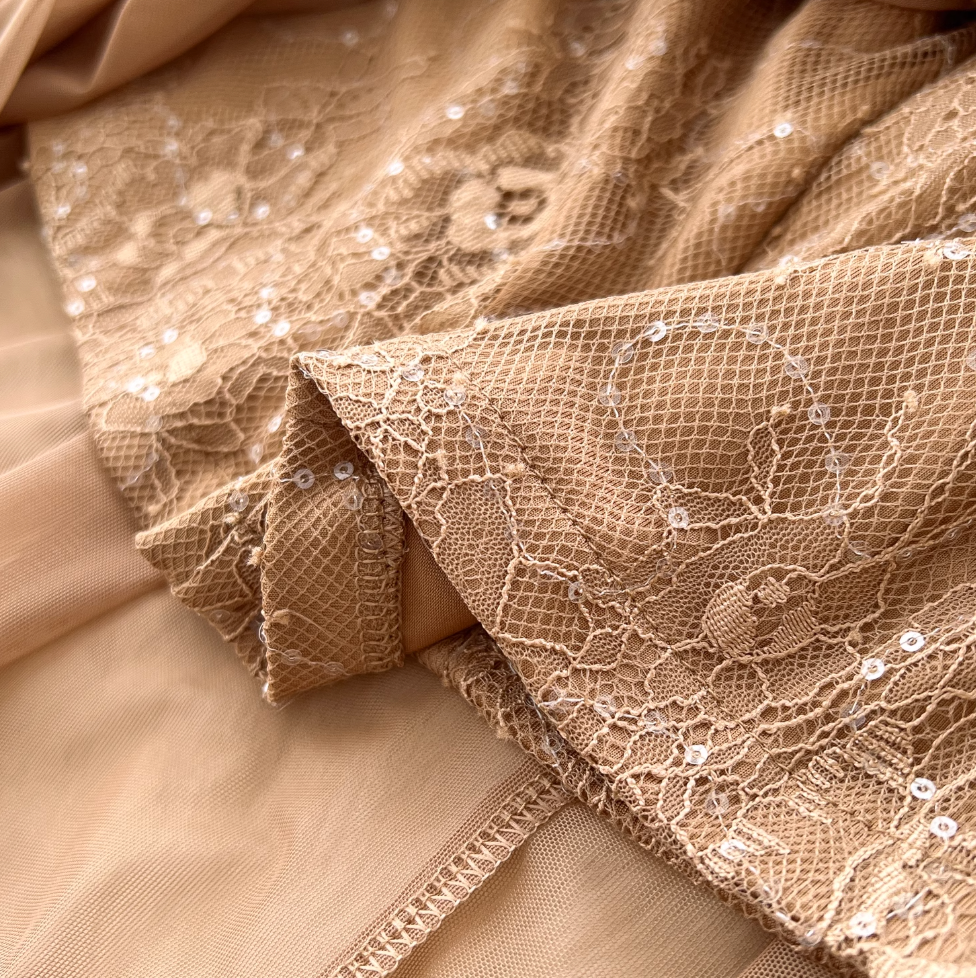 Khaki Mesh Party Dress with Ribbon