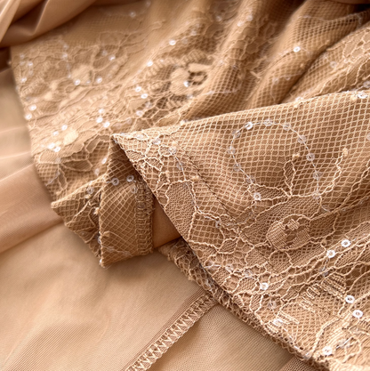 Khaki Mesh Party Dress with Ribbon