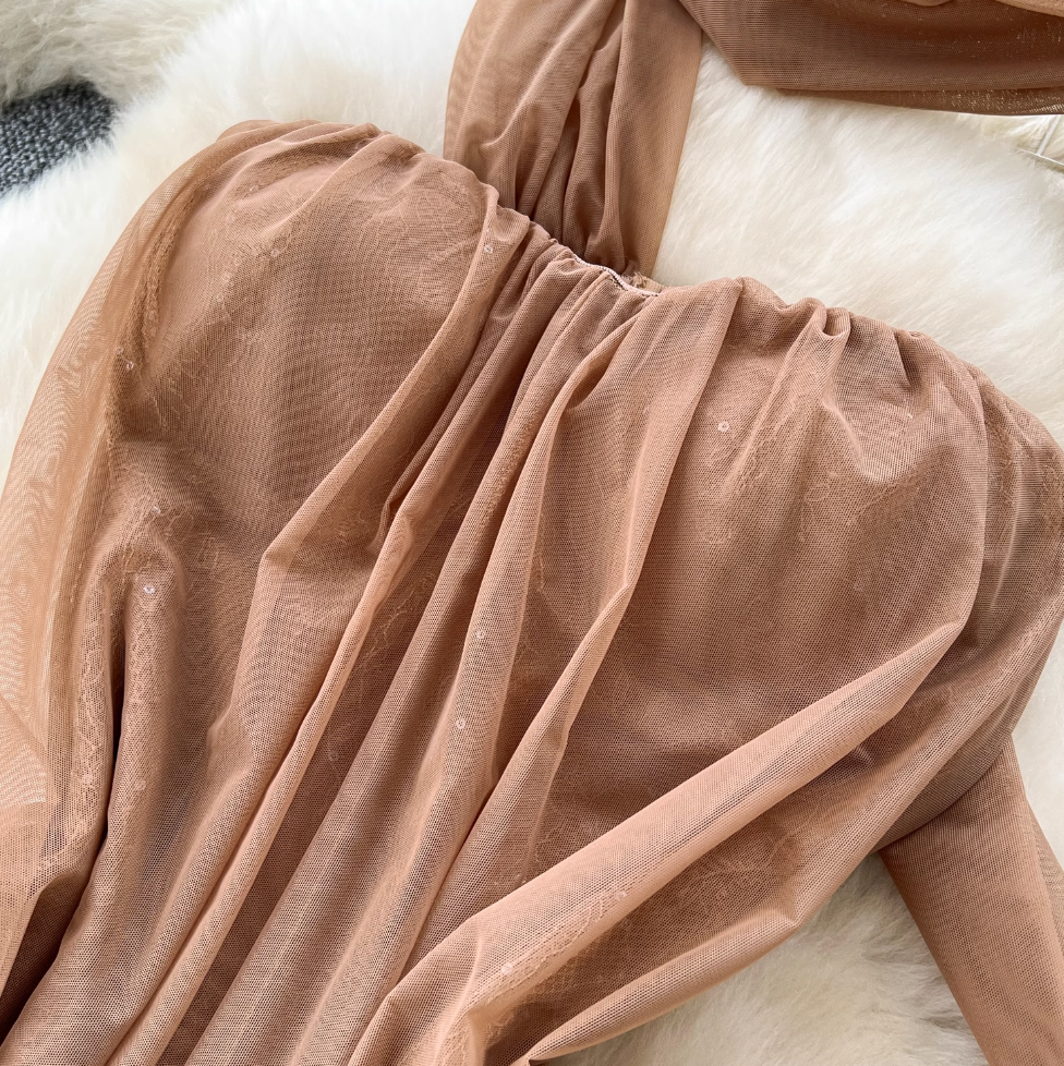 Khaki Mesh Party Dress with Ribbon