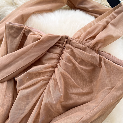Khaki Mesh Party Dress with Ribbon