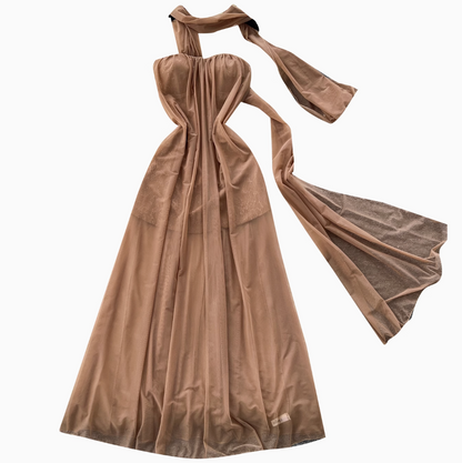 Khaki Mesh Party Dress with Ribbon