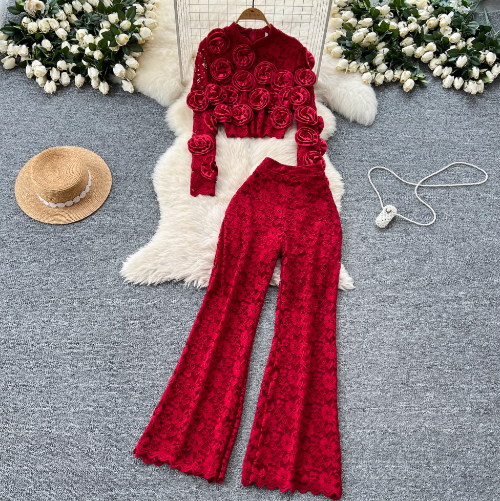 3D Floral Lace Top & Trousers 2Pcs