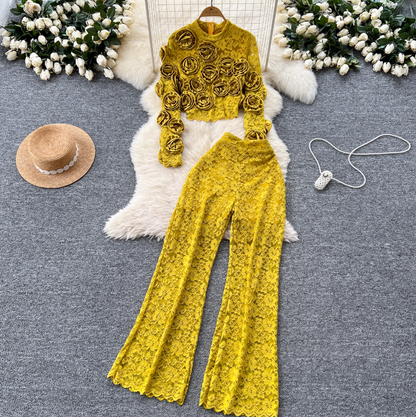 3D Floral Lace Top & Trousers 2Pcs