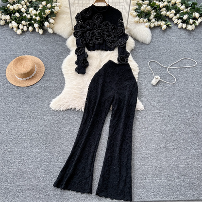 3D Floral Lace Top & Trousers 2Pcs