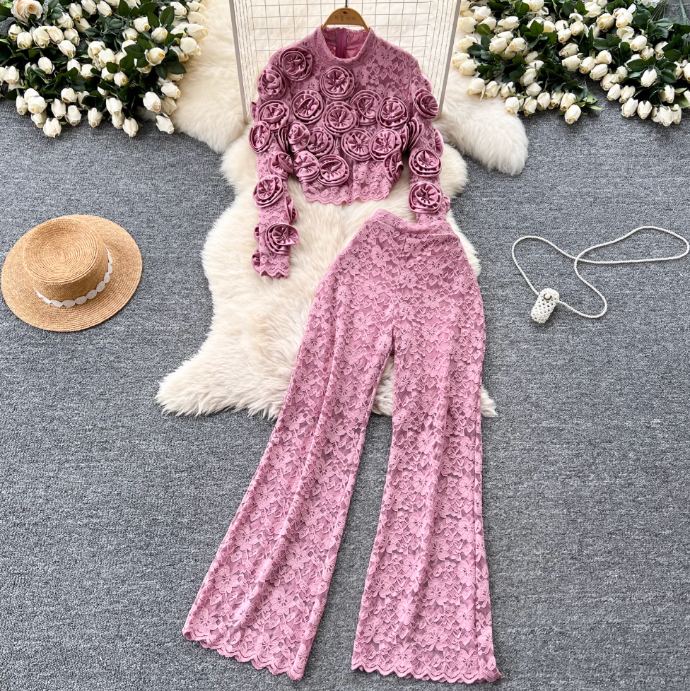 3D Floral Lace Top & Trousers 2Pcs