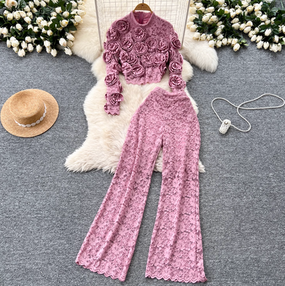 3D Floral Lace Top & Trousers 2Pcs