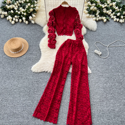 3D Floral Lace Top & Trousers 2Pcs