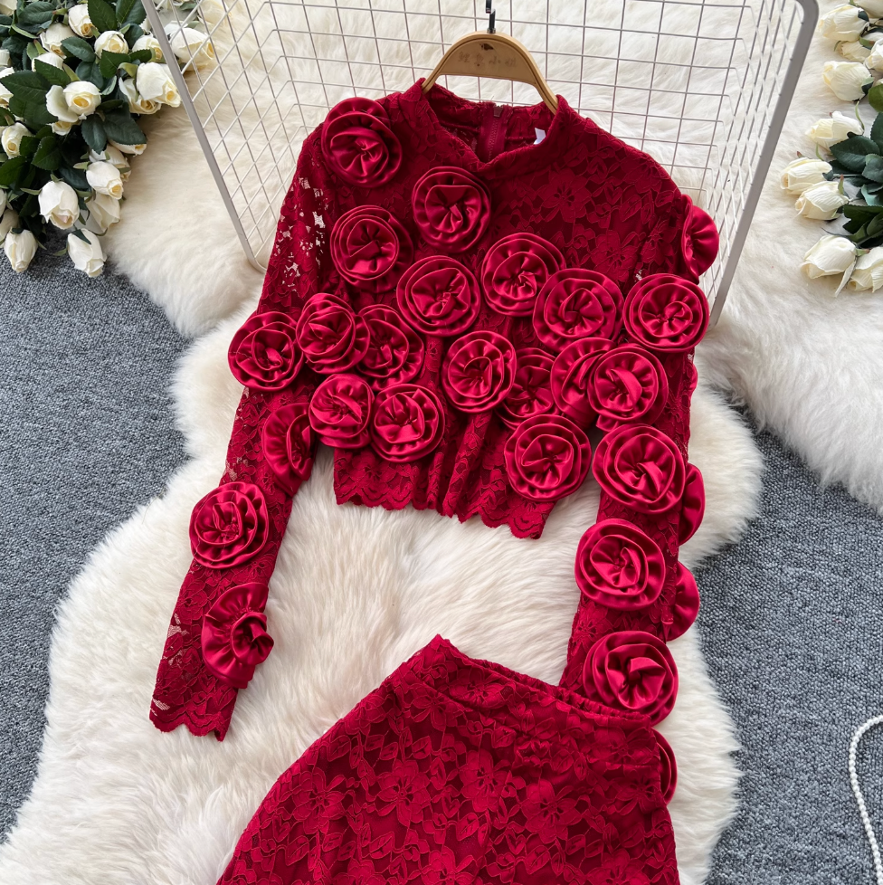 3D Floral Lace Top & Trousers 2Pcs