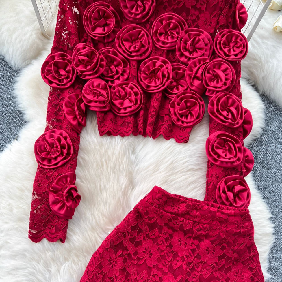 3D Floral Lace Top & Trousers 2Pcs