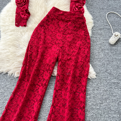 3D Floral Lace Top & Trousers 2Pcs