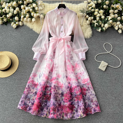 Vintage Stand Collar Floral Shirt Dress