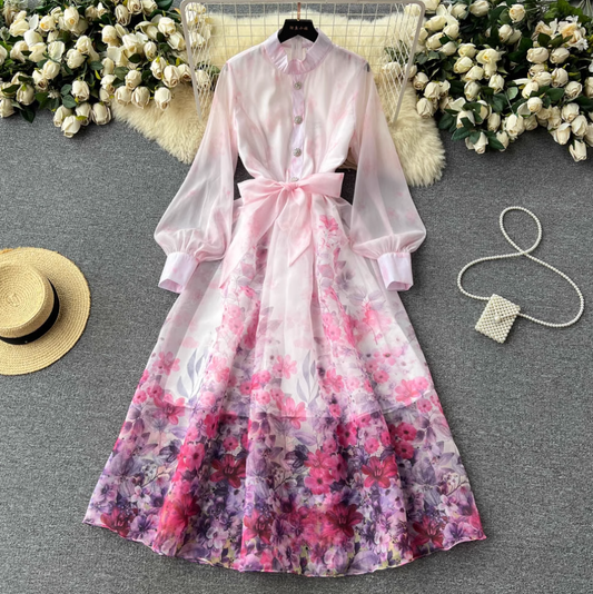 Vintage Stehkragen Blumen Hemdblusenkleid