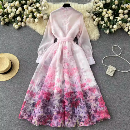 Vintage Stand Collar Floral Shirt Dress