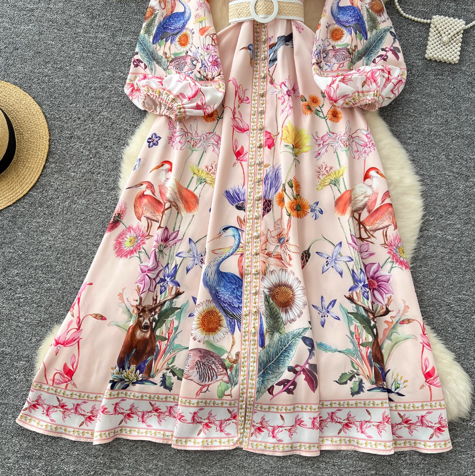 Courtly Single-breasted Floral Shirt Dress