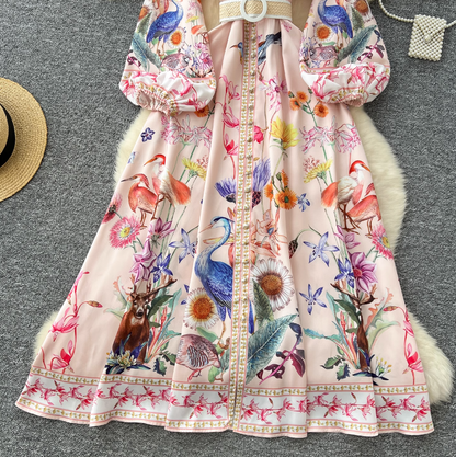 Courtly Single-breasted Floral Shirt Dress
