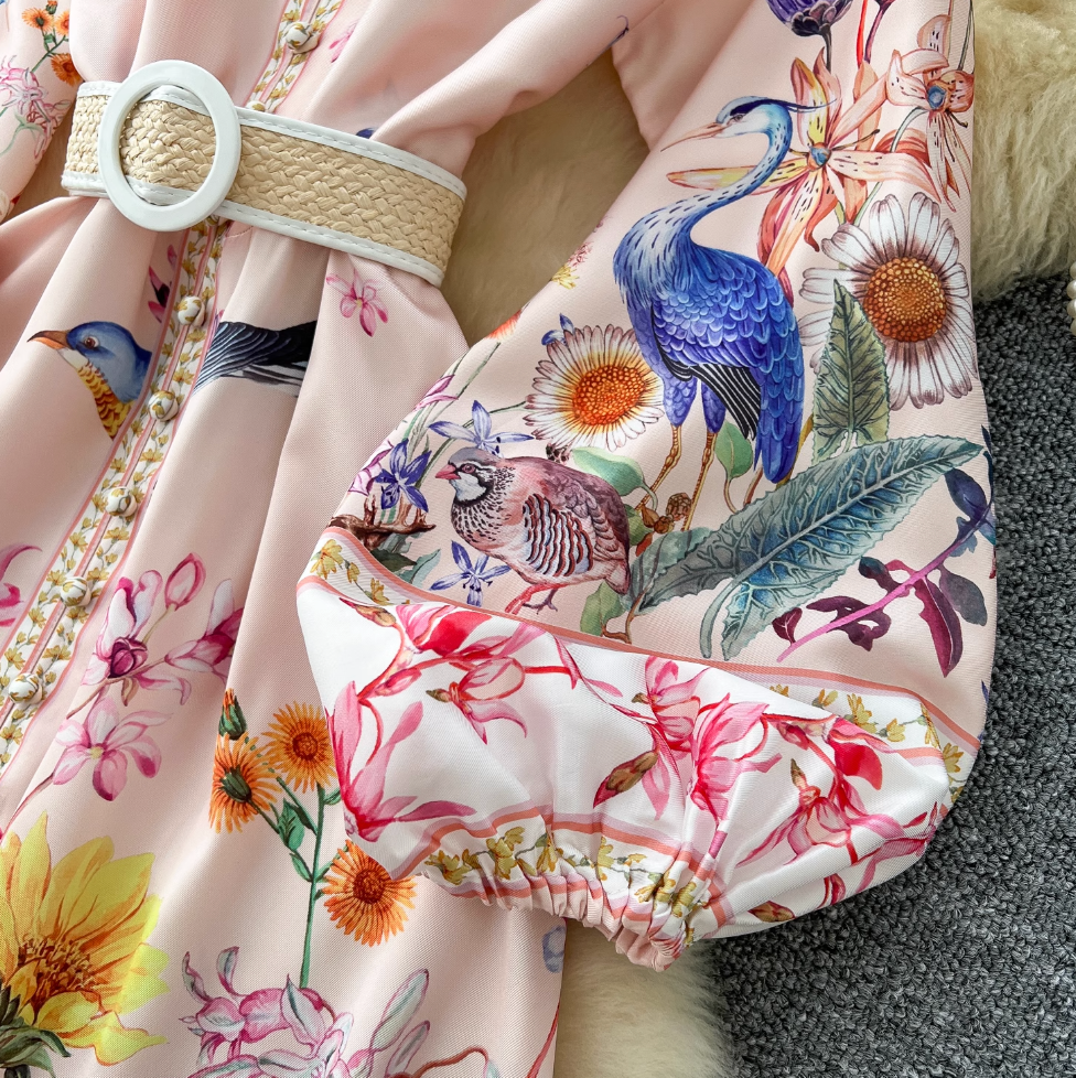 Courtly Single-breasted Floral Shirt Dress