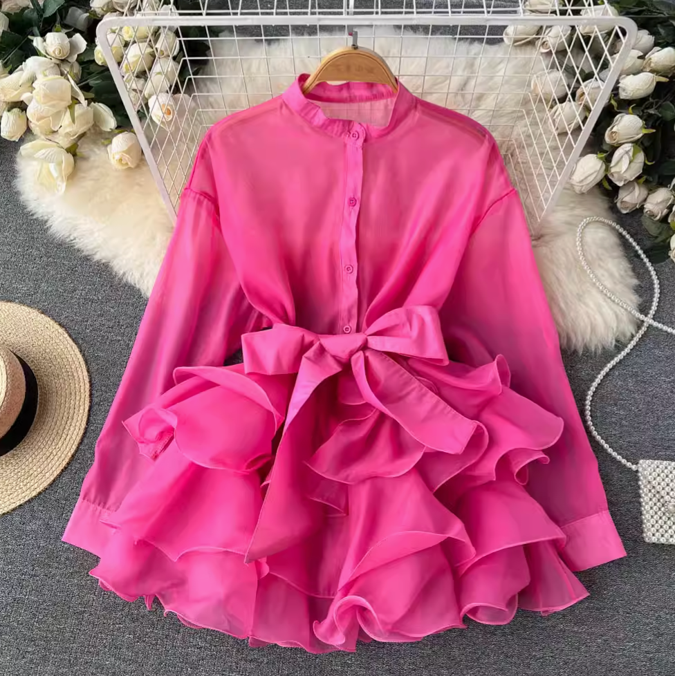 Niche Bow-tie Ruffled Shirt Dress