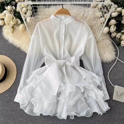 Niche Bow-tie Ruffled Shirt Dress