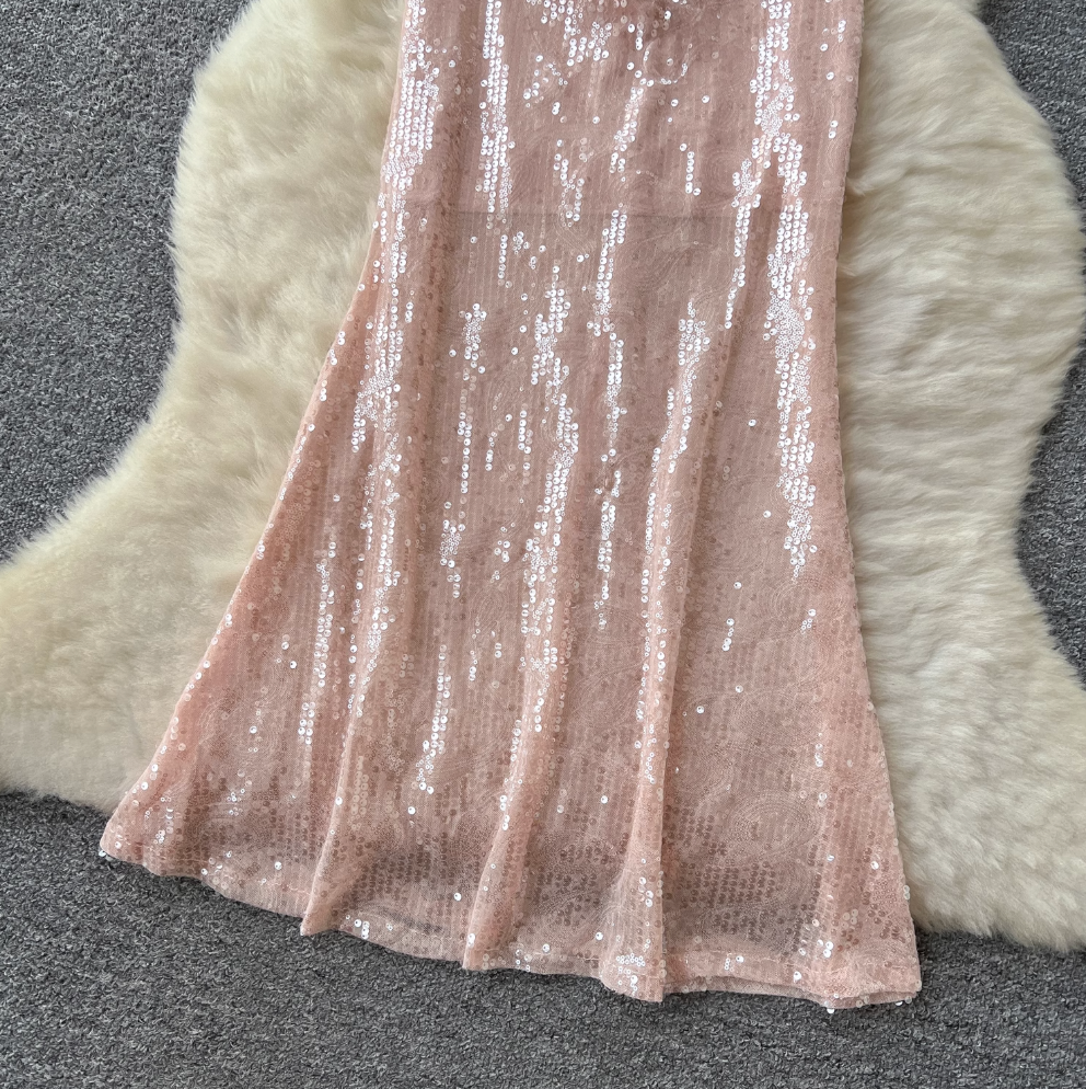 Pink Sequined Fishtail Slip Dress