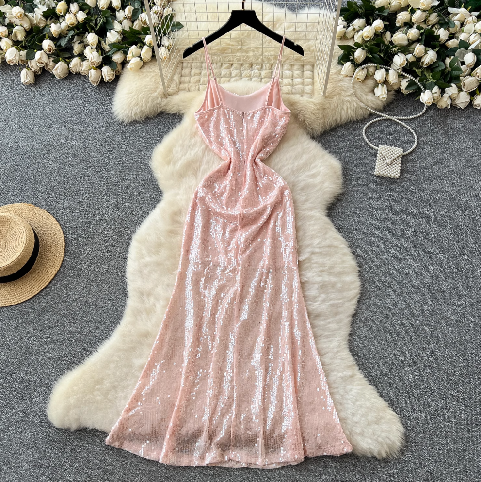 Pink Sequined Fishtail Slip Dress