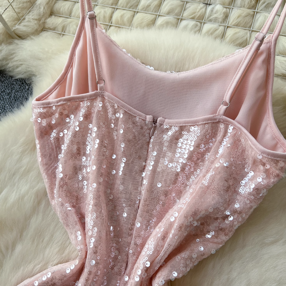 Pink Sequined Fishtail Slip Dress