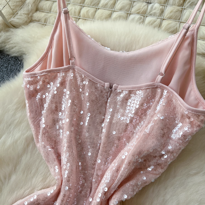 Pink Sequined Fishtail Slip Dress