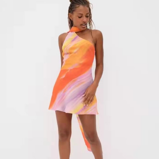 Colorful Tie-dye Dress with Ribbon