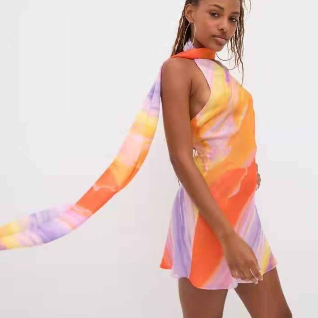 Colorful Tie-dye Dress with Ribbon