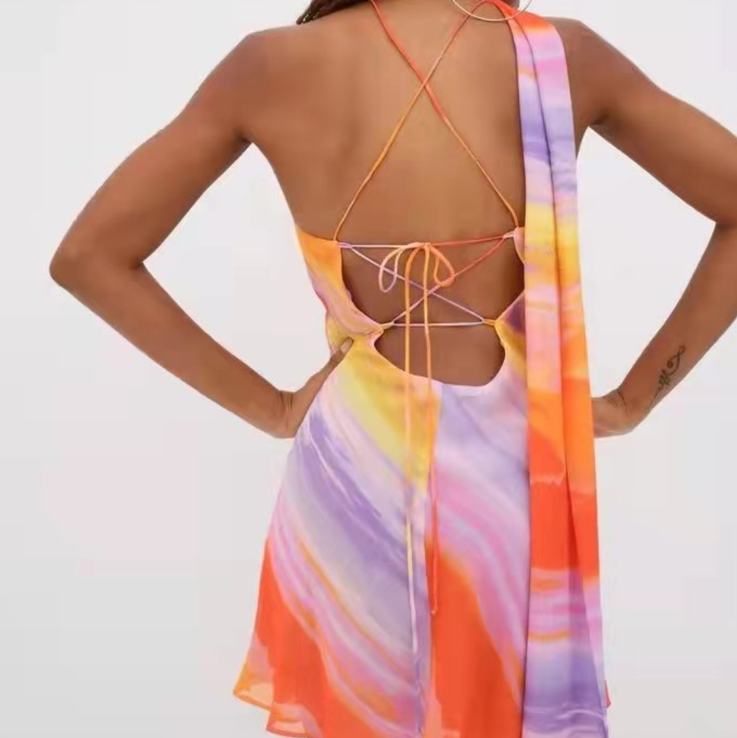 Colorful Tie-dye Dress with Ribbon