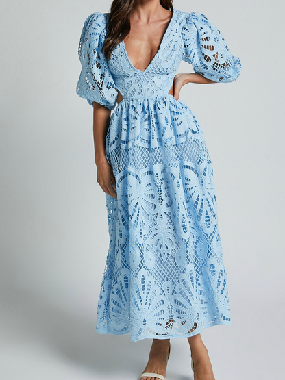 Elegant V-neck Embroidered Lace Dress