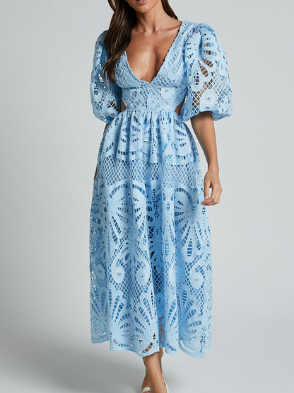 Elegant V-neck Embroidered Lace Dress