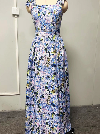 Lace-up Floral Printed Puffy Dress