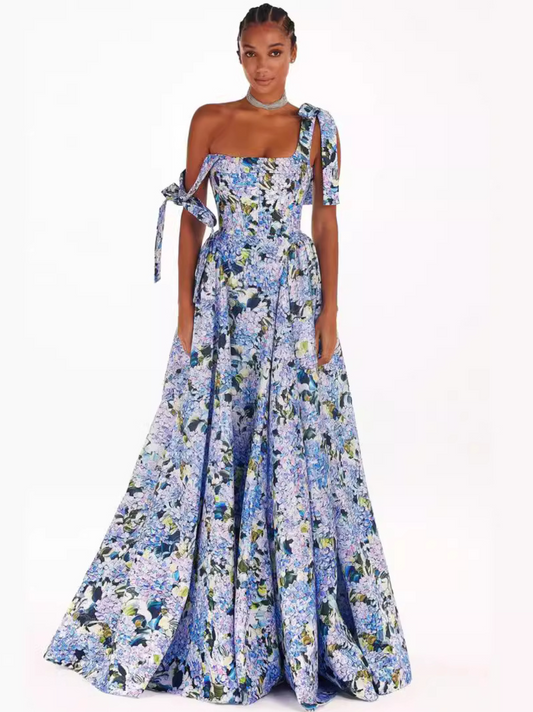 Lace-up Floral Printed Puffy Dress
