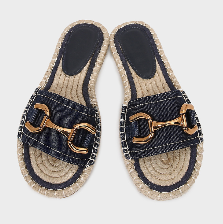 Denim Upper Straw Horsebit Slippers