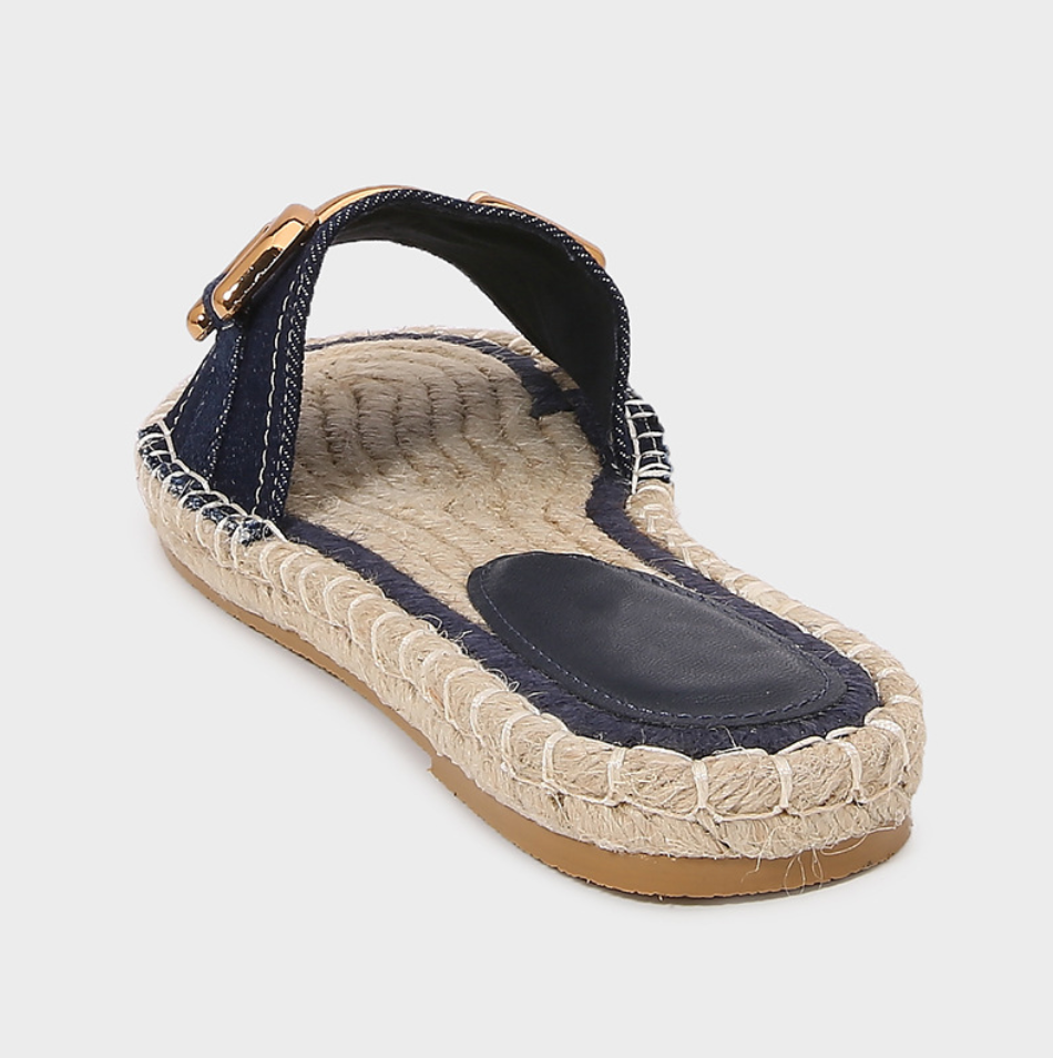 Denim Upper Straw Horsebit Slippers