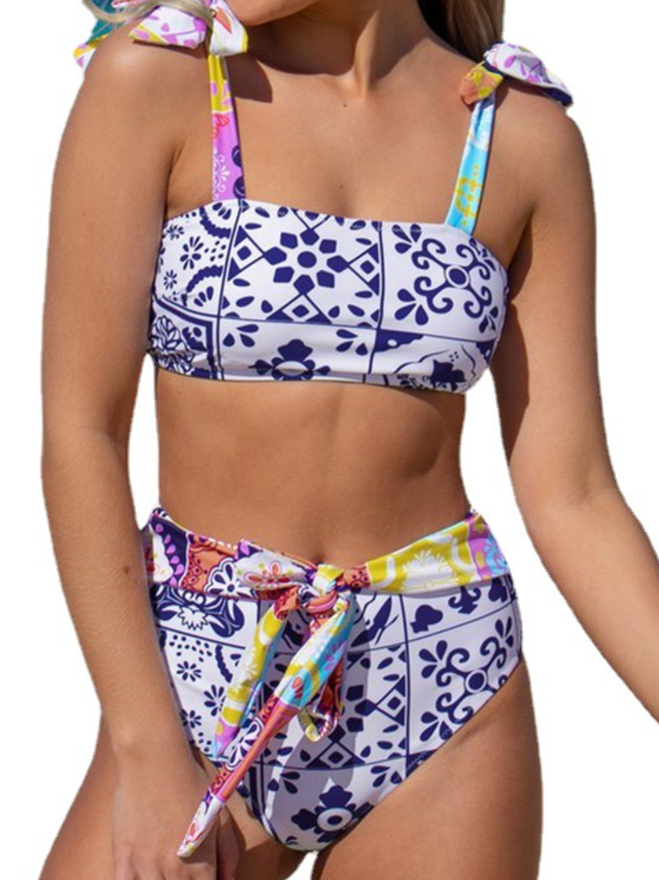 Colorful Printed Knotted Bodycon Tankini